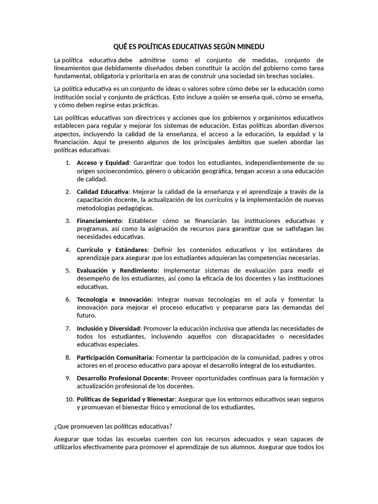 Políticas Educativas según MINEDU | PDF | Inclusión (Educación) | Plan ...