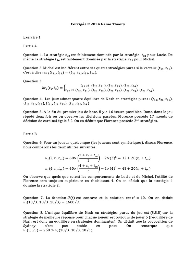 Corrigé CC 2024 : Théorie des jeux et stratégies | PDF