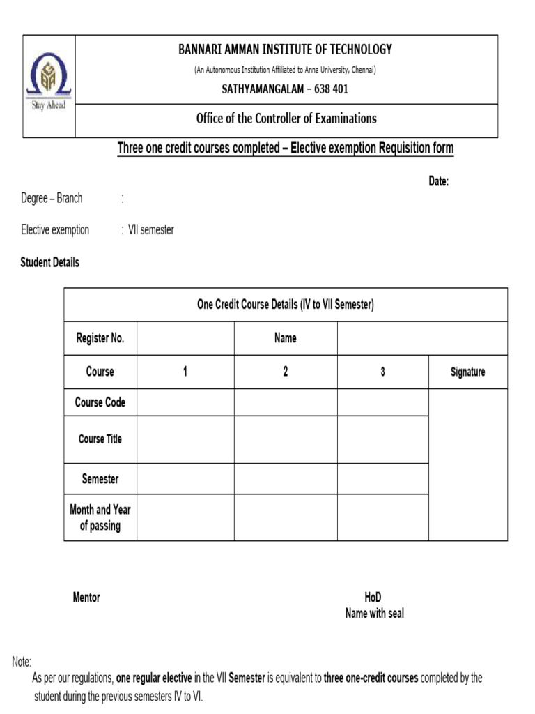 Elective Exemption Form for One-Credit Courses | PDF