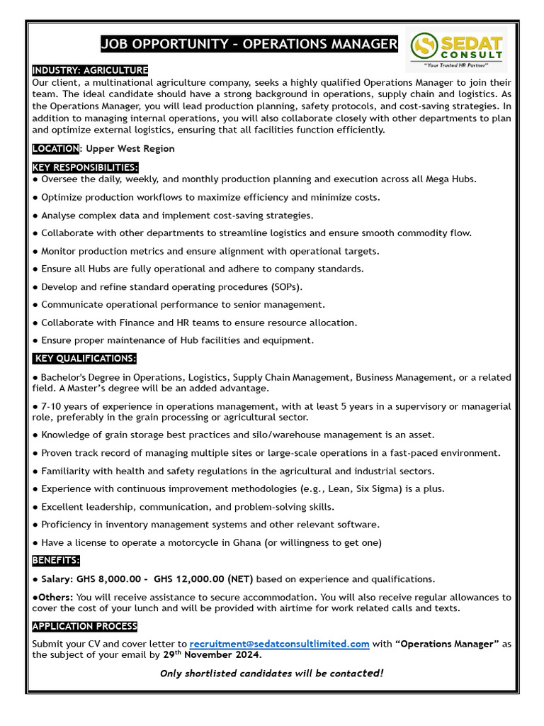 Operations Manager Job in Agriculture | PDF | Logistics | Supply Chain