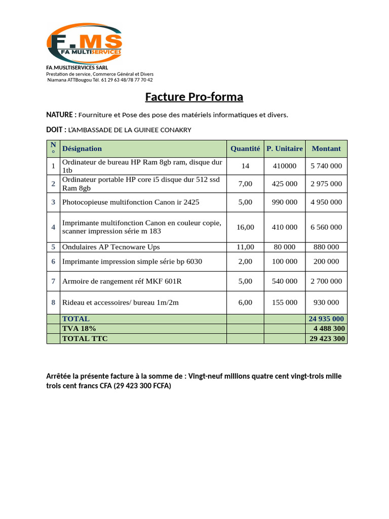 Facture Pro-forma Matériel Informatique | PDF