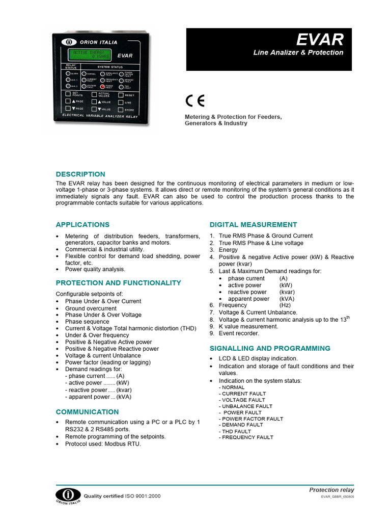 EVAR Protection Relay for Electrical Monitoring | PDF | Ac Power ...