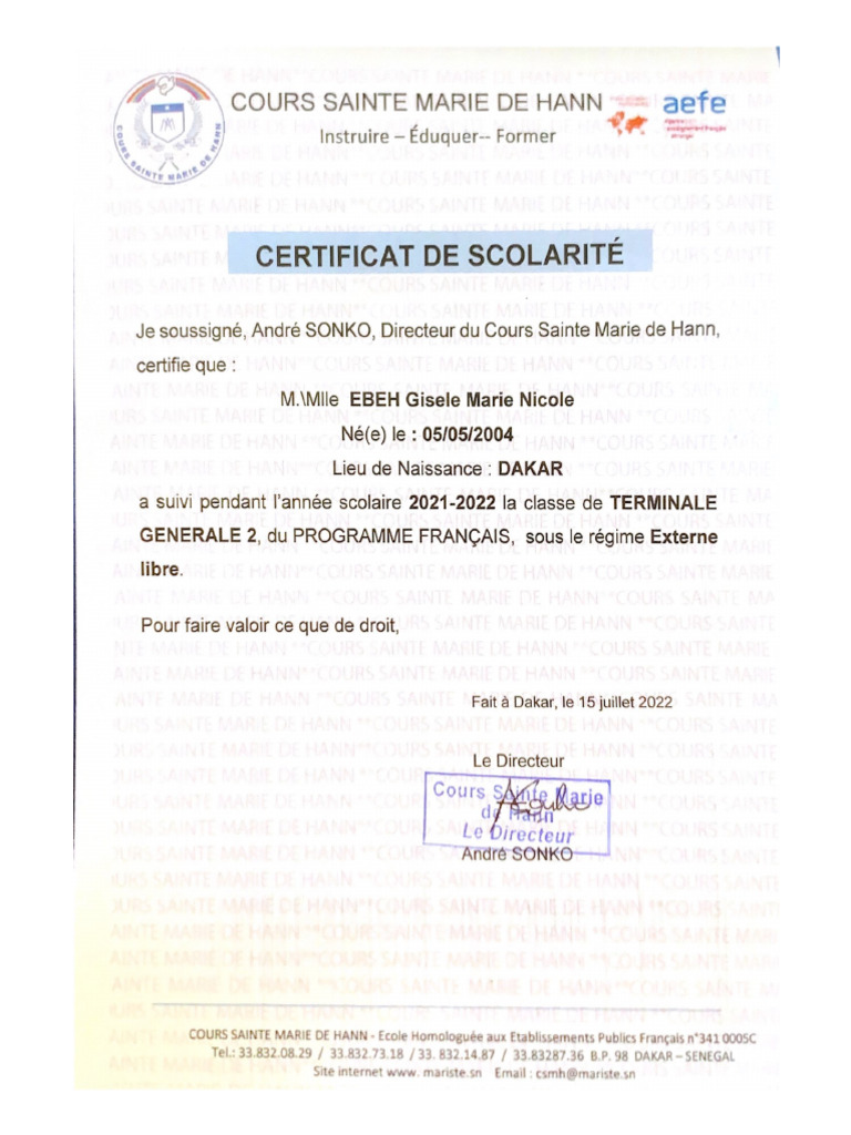 Certificat de Scolarité | PDF
