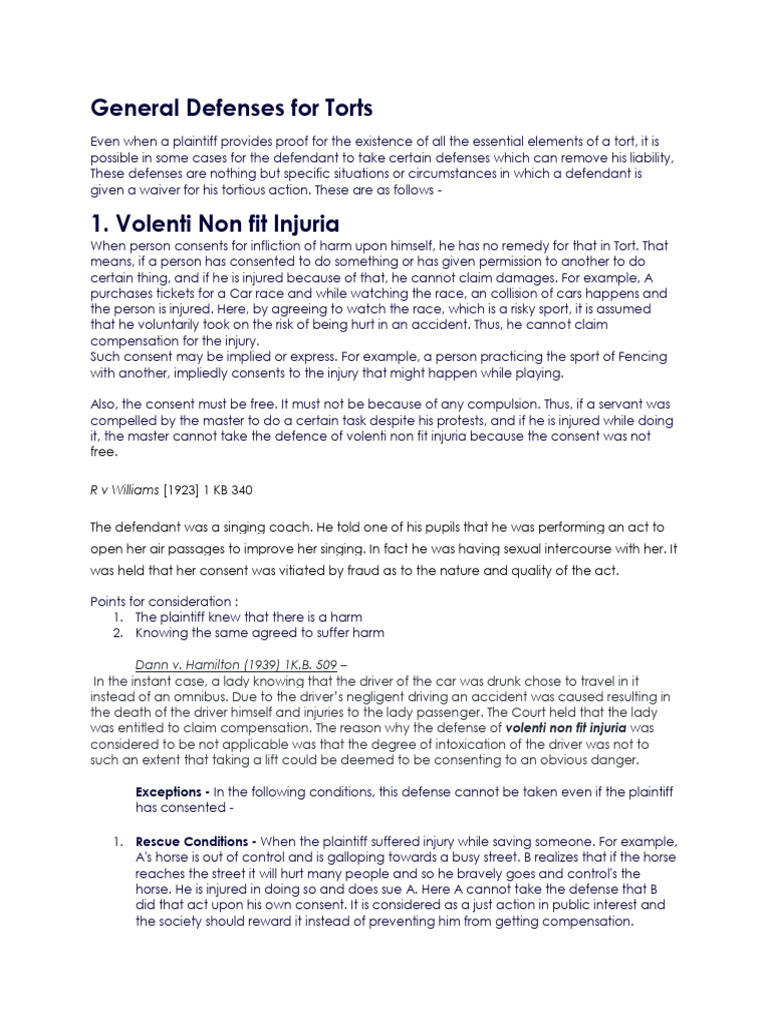 General Defenses 1 Pdf Tort Damages