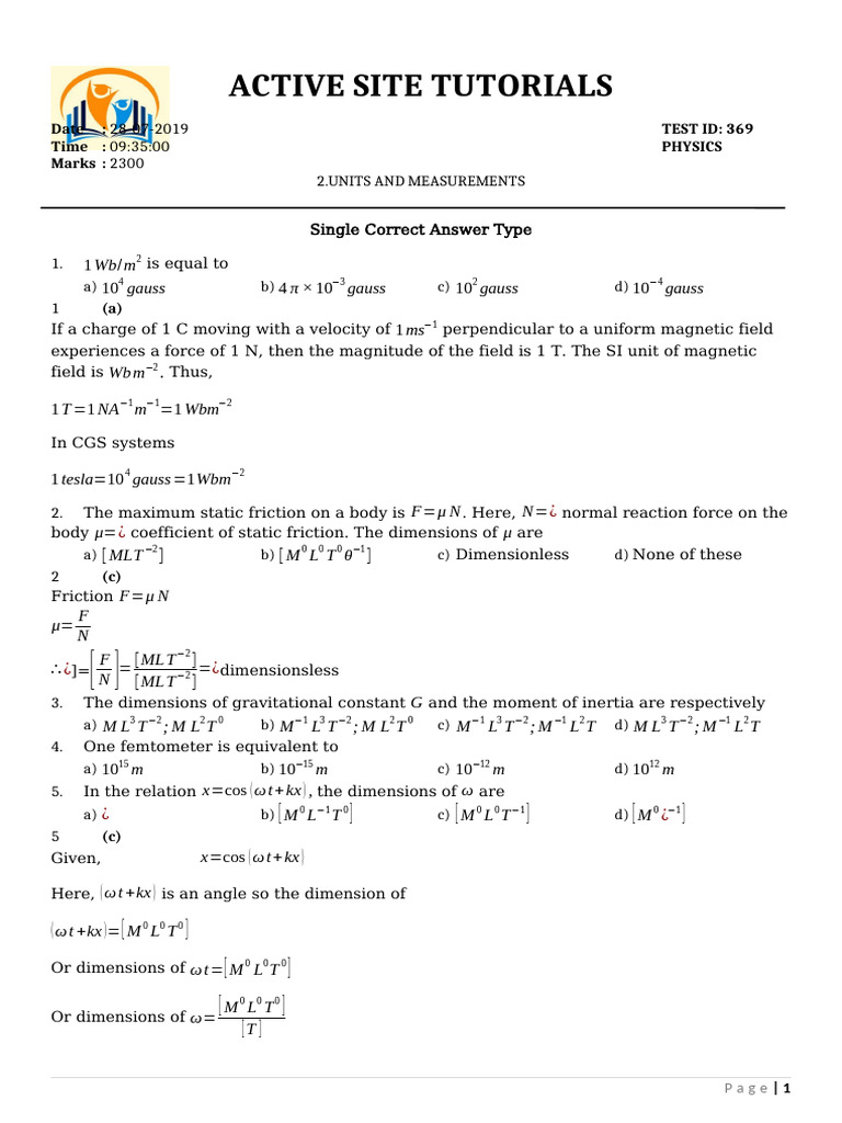 Physics Units and Measurements Quiz | PDF | Force | Metrology