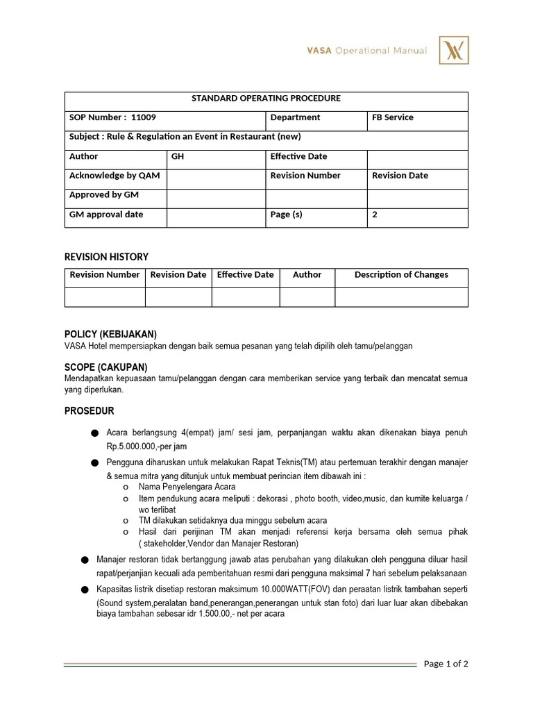 SOP 11009 - Rule & Regulation An Event in Restaurant (New) | PDF