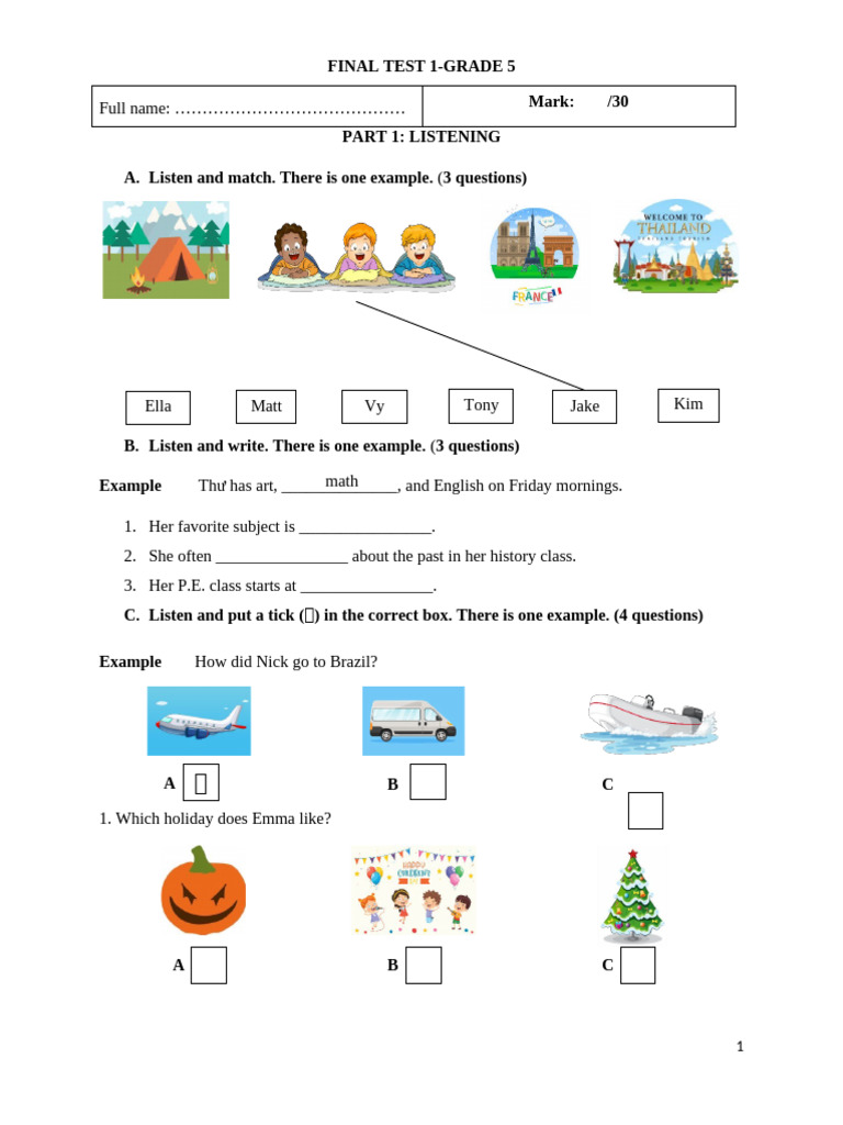 Grade 5 Final Listening and Reading Test | PDF
