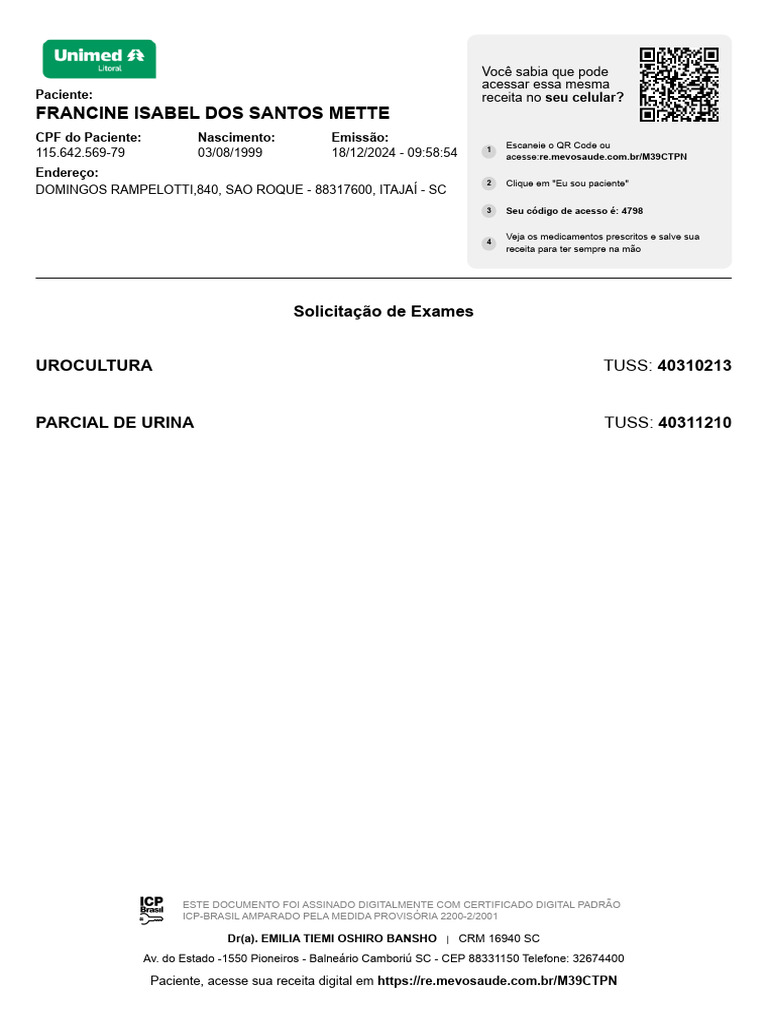 Solicitação de Urocultura e Exames | PDF