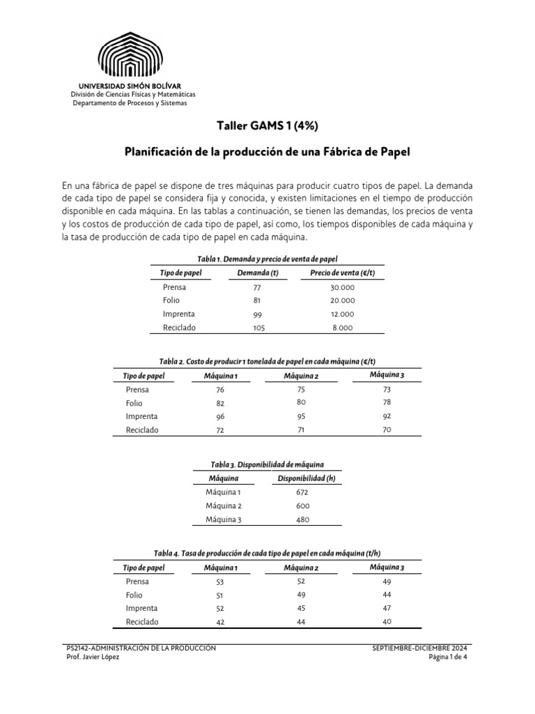 PS2142-Taller GAMS 1 (Sep-Dic 2024) | PDF | Papel | Optimización Matemática