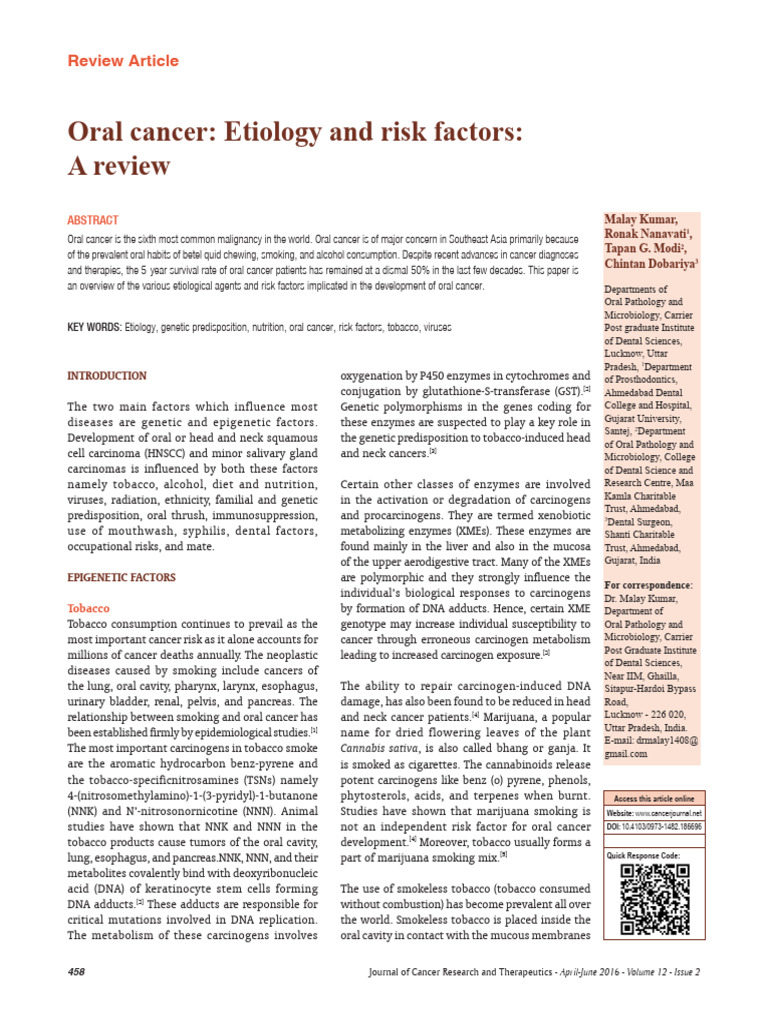 Oral Cancer Etiology and Risk Factors A Review.4 | PDF | Cancer | Head ...