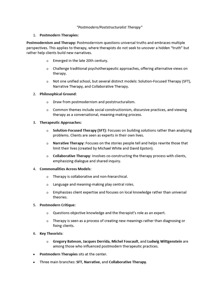 Postmodern Therapy Approaches Explained Pdf Psychotherapy 