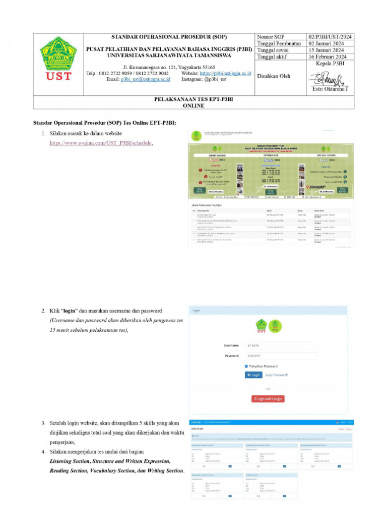 Standard Operational Procedures Ept Online P3bi Ust-R | PDF