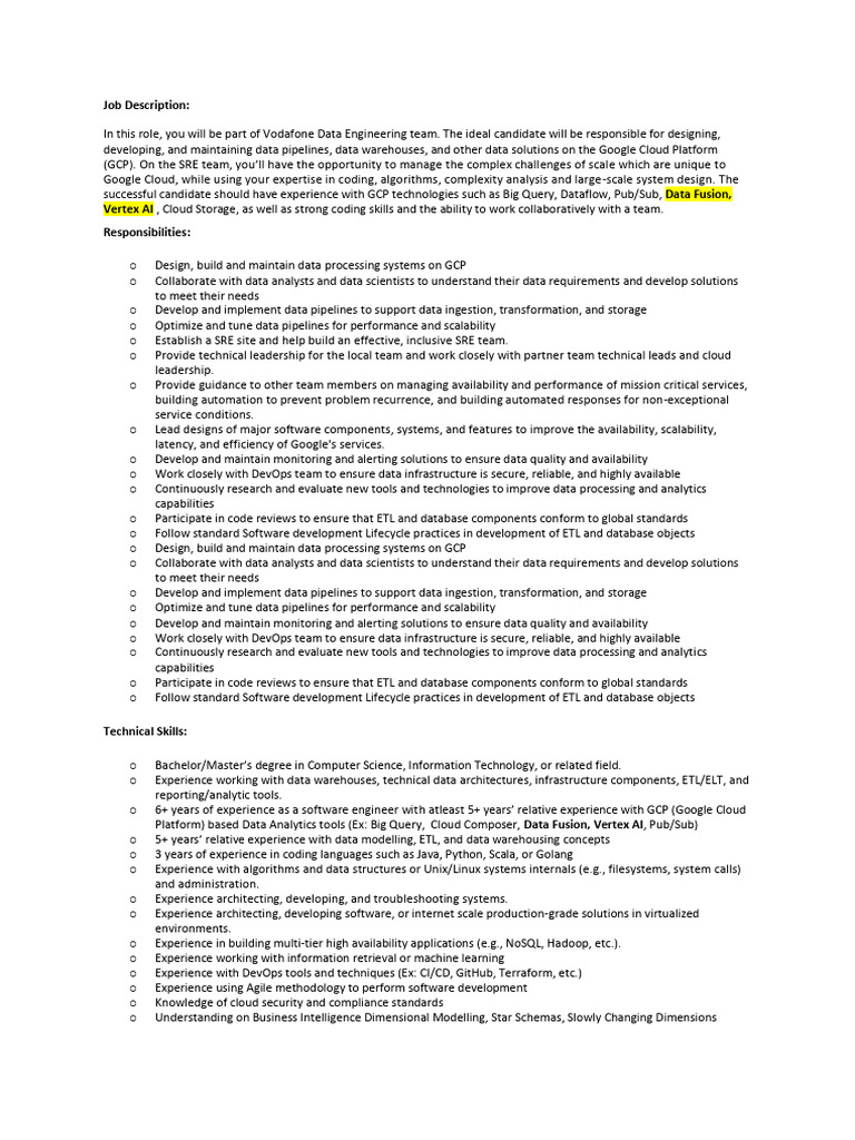 GCP Data Engineer Job at Vodafone | PDF | Databases | Cloud Computing
