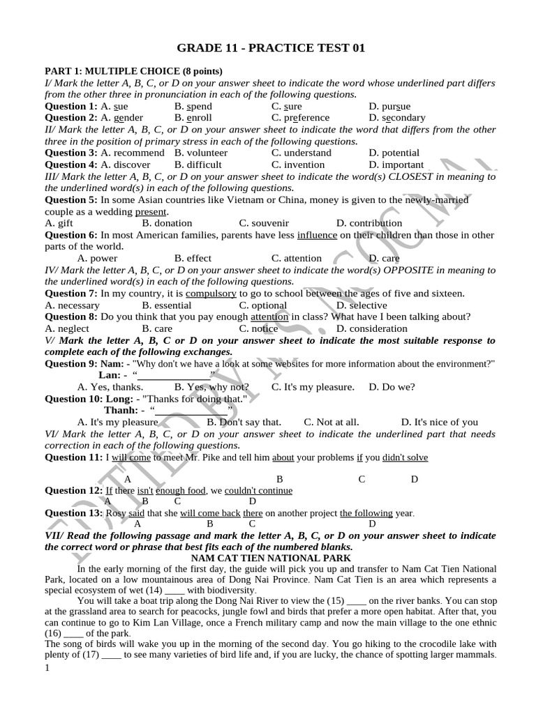 Grade 11 English Practice Test 01 | PDF | Natural Environment