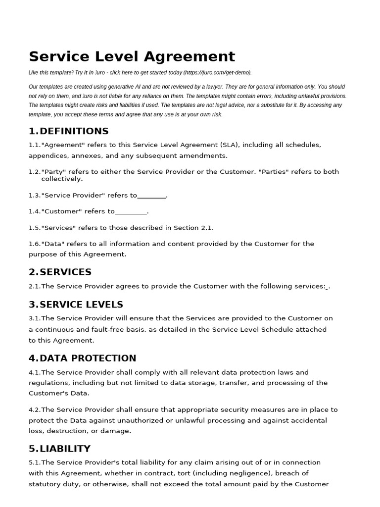Service Level Agreement Template | PDF | Indemnity | Legal Liability