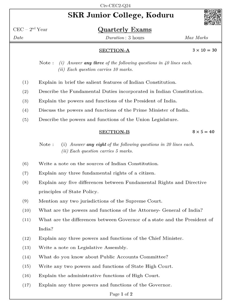 Civics AP Intermediate 1st Year Quarterly Exam Paper - 2024-2025 | PDF