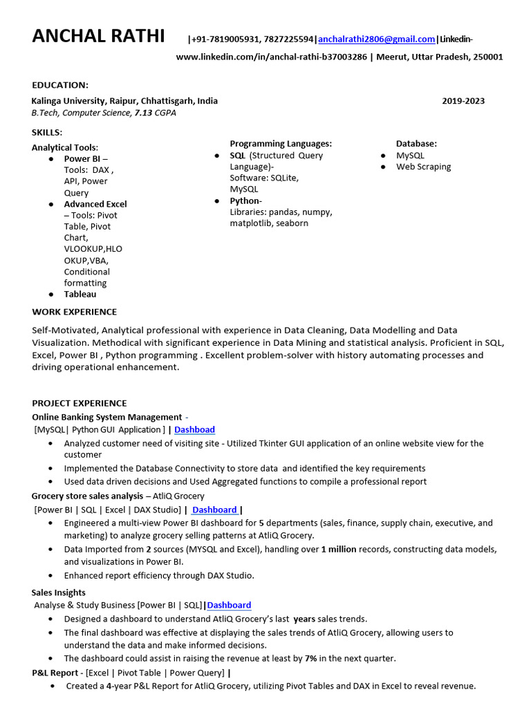 Anchal Rathi: Data Analyst Profile | PDF | Microsoft Excel | Data ...