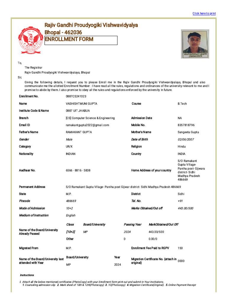 Enrollment Form Print | PDF