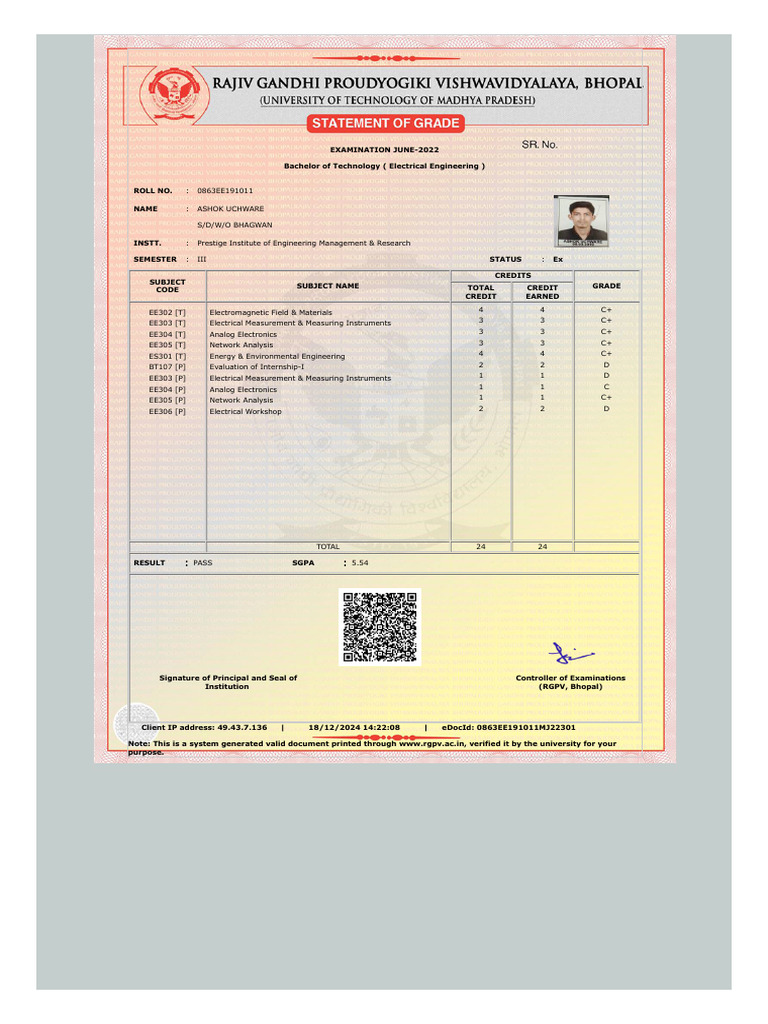 RGPV B.Tech Final Year Marksheet | PDF | Engineering | Electrical ...