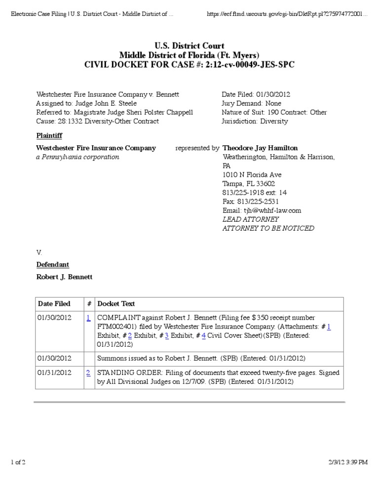 WESTCHESTER FIRE INSURANCE COMPANY v. BENNETT Docket | PDF | Complaint ...