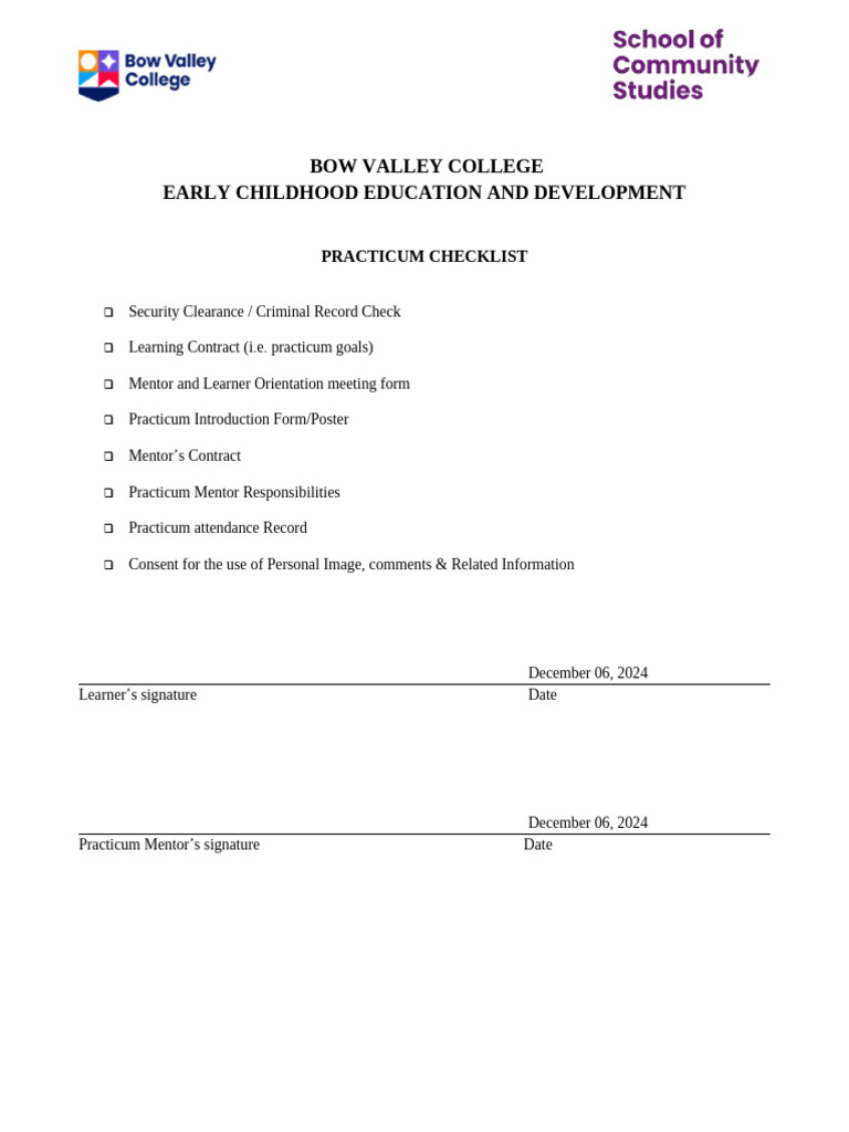 Bow Valley College Practicum Checklist | PDF