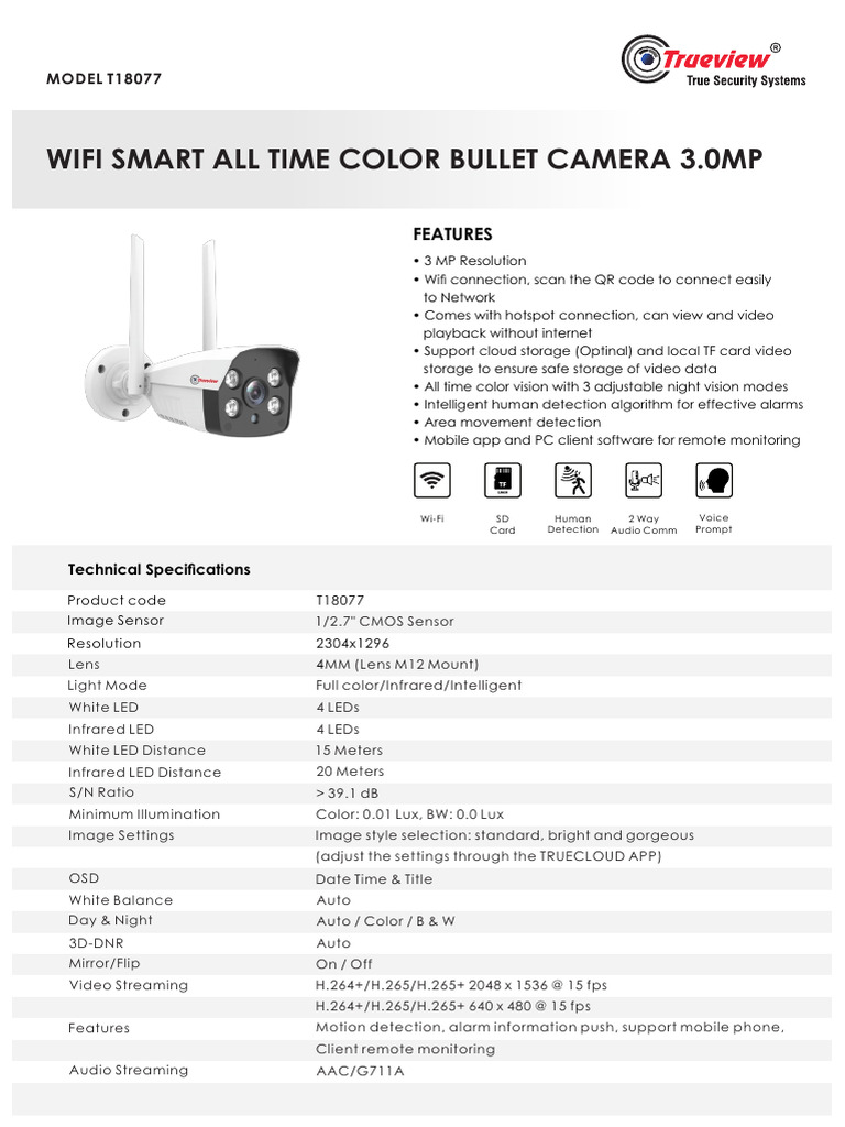 3.0MP Wifi Smart All Time Color Bullet Cam 8077 | PDF | Video | Wi Fi