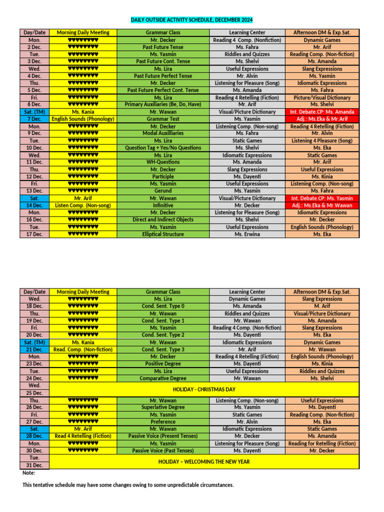 Daily Outside Activity Schedule. Dec. 2024 | PDF | Languages | Foreign ...