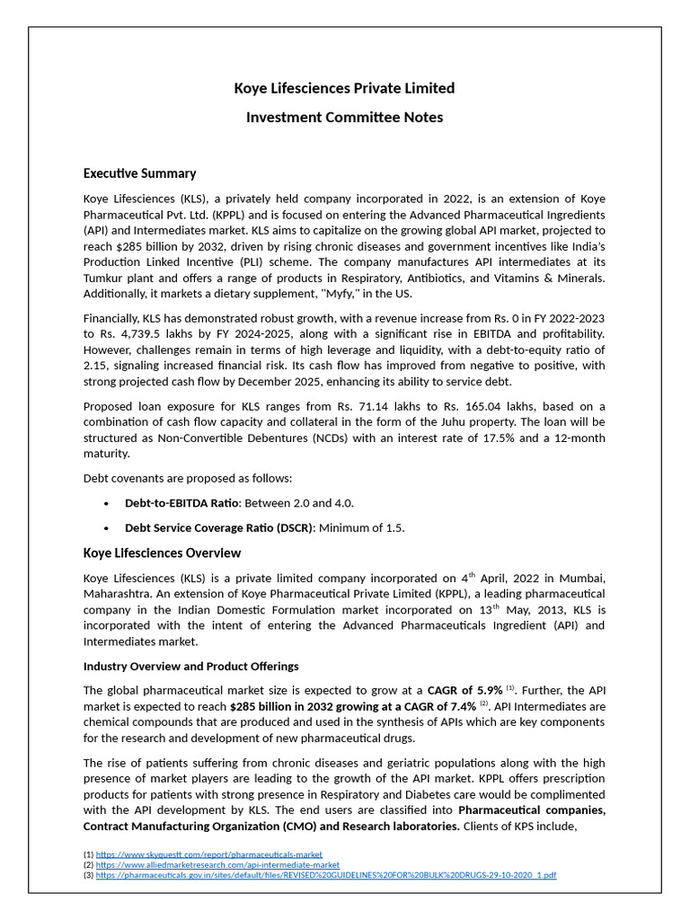 Koye Lifesciences Financial Overview 2023 | PDF | Debt | Leverage (Finance)