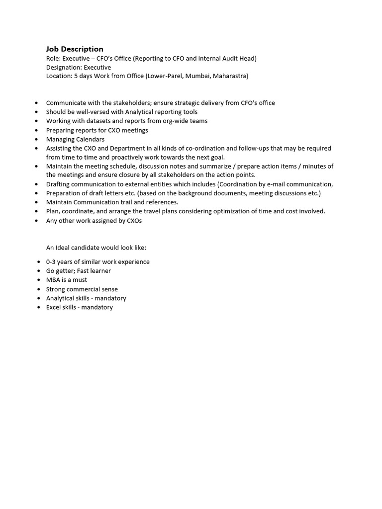 Executive Role in CFO's Office, Mumbai | PDF