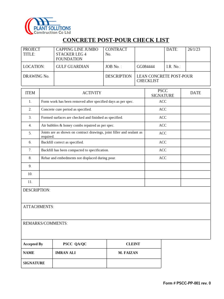 PSCC-PP-001 Post Pour | PDF