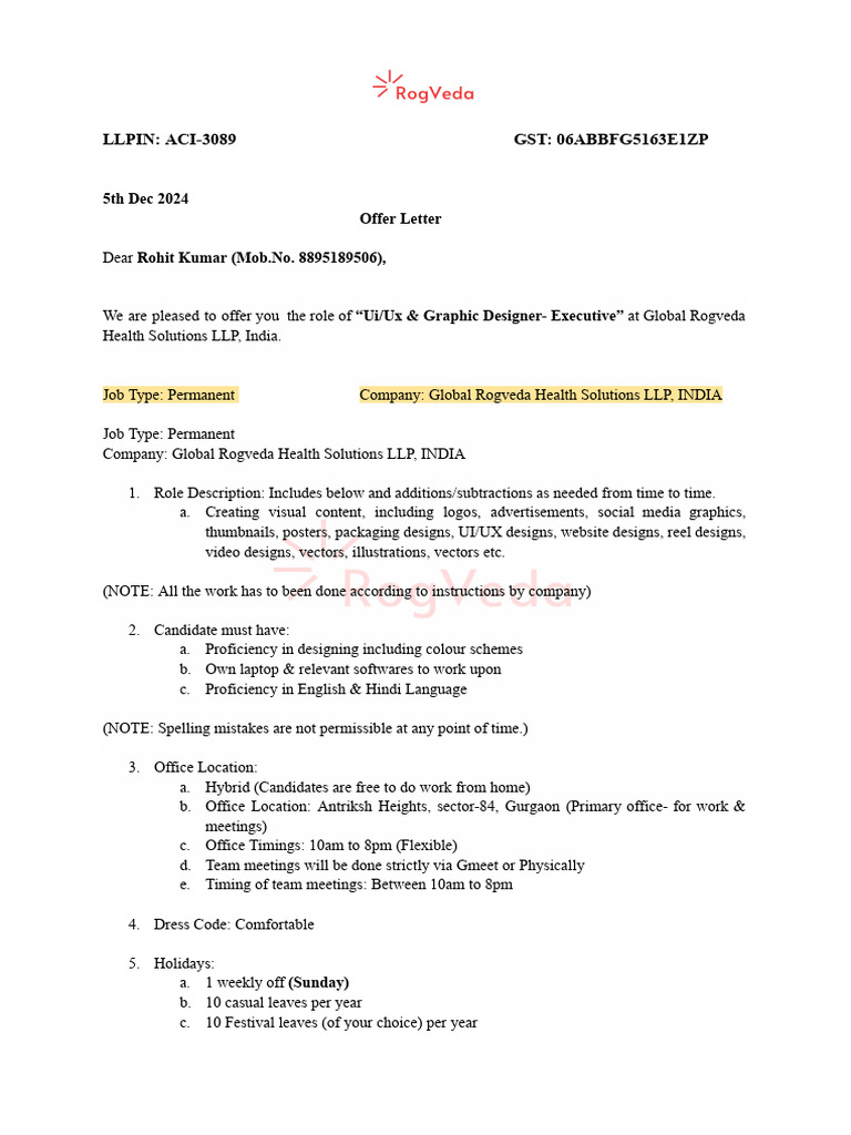 Offer Letter for Ui/Ux Designer Role | PDF | Salary | Limited Liability ...