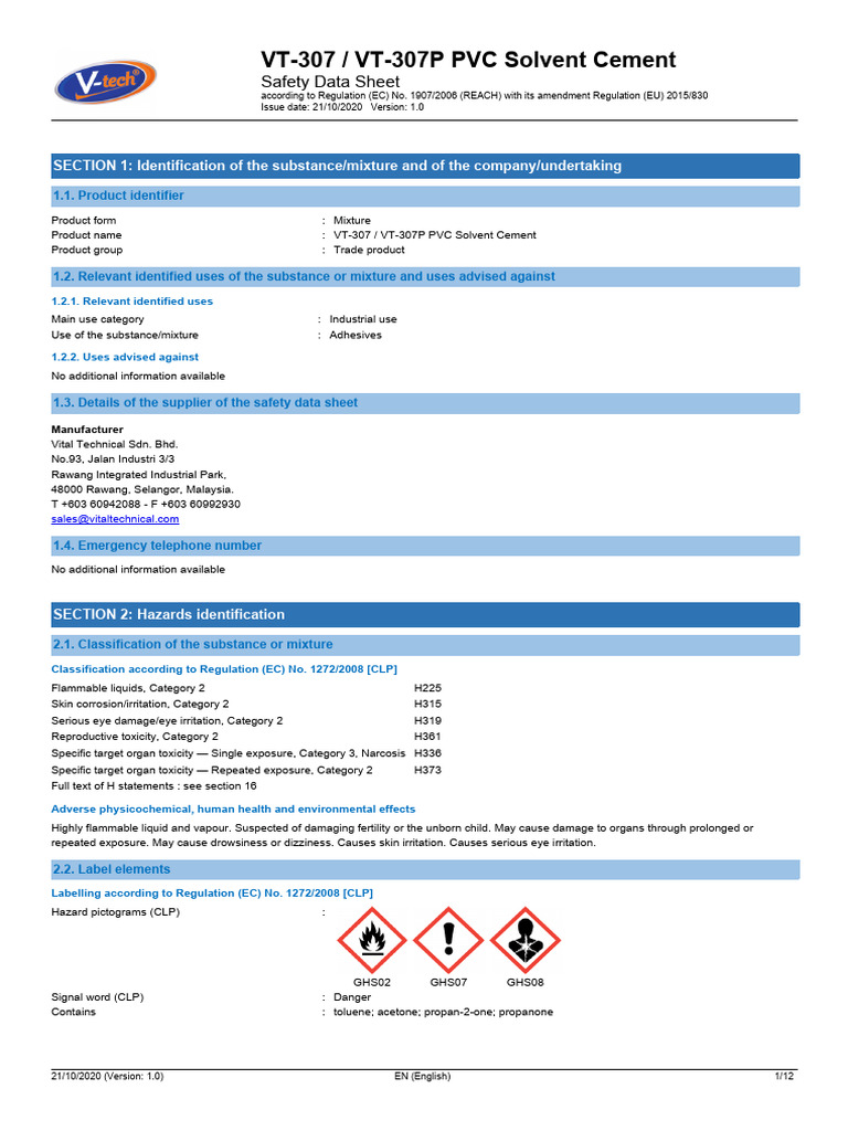 VT-307 PVC Solvent Cement Safety Data | PDF | Dangerous Goods | Toxicity