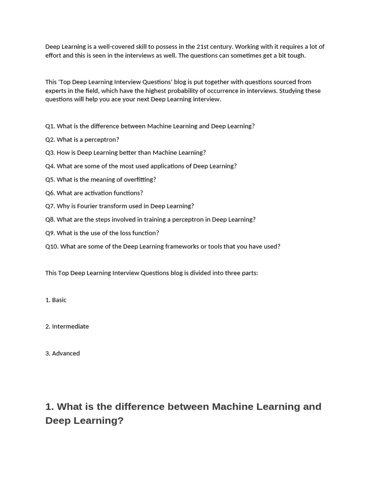 Top Deep Learning Interview Questions | PDF | Artificial Neural Network ...