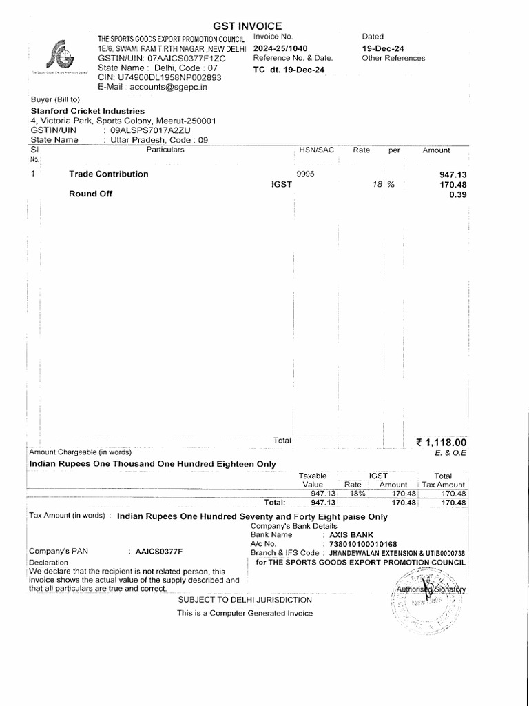 GST Invoice for Stanford Cricket Industries | PDF | Sales | Economy Of ...