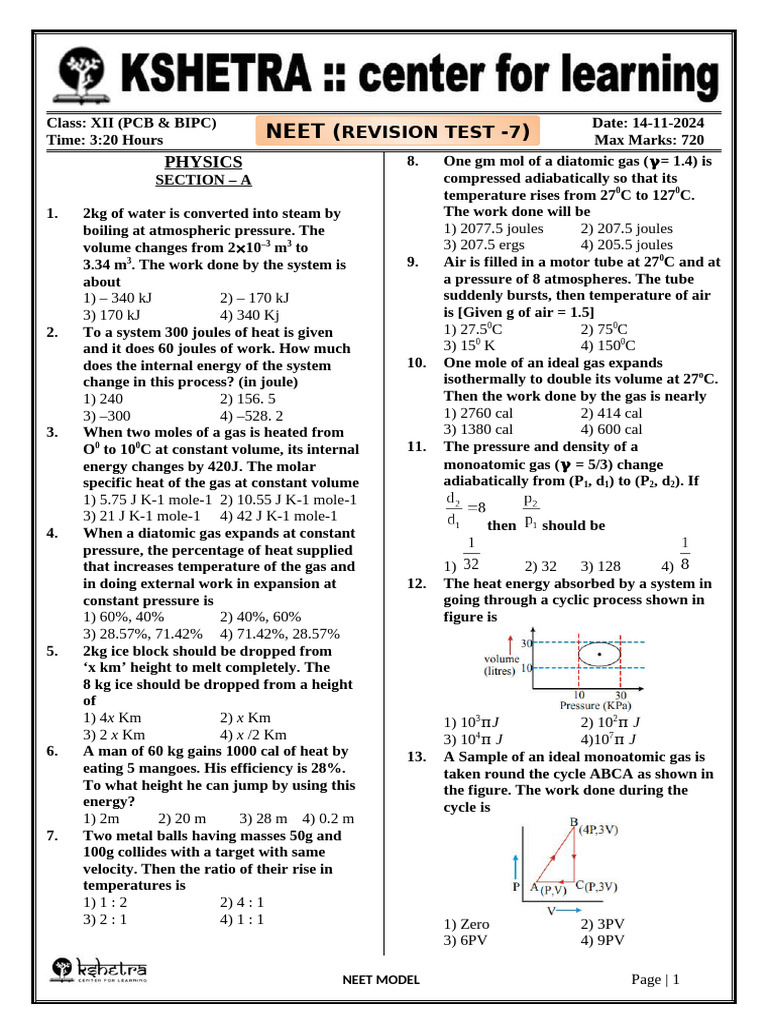 Neet Revision Format Class Xii Neet PCB & Bipc Revision Test-7 QP Ex ...