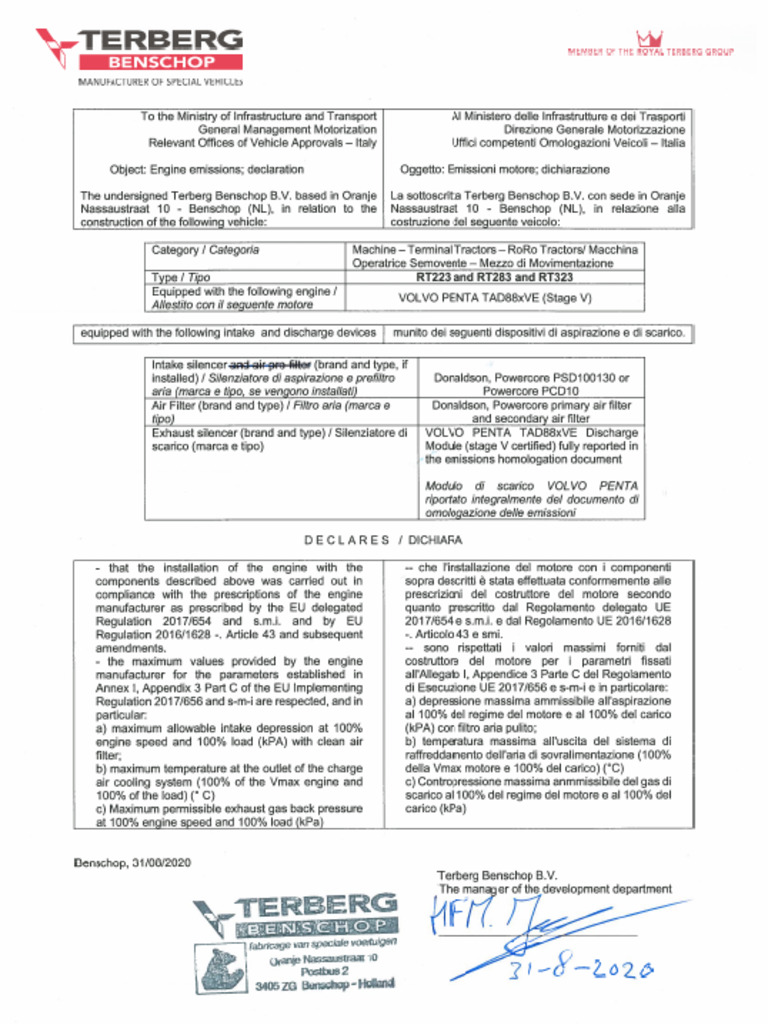 Emission Declaration RT223+RT283+RT323 - with Volvo TAD88xVE Stage V ...