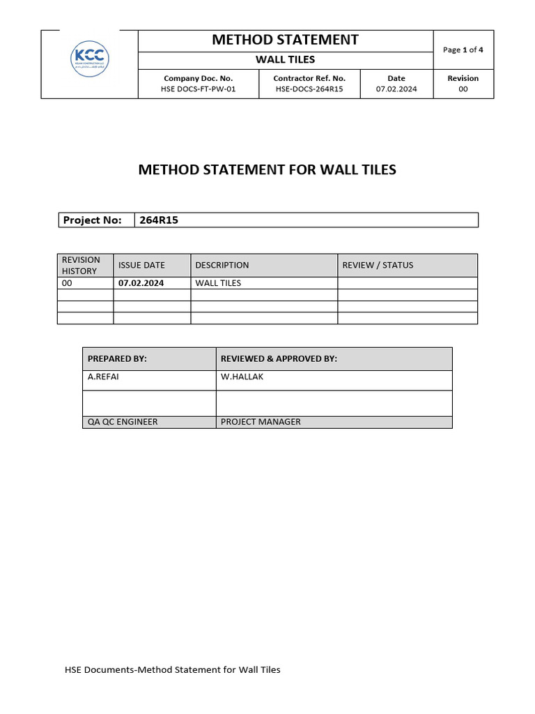 12.WALL TILES - Method Statement | PDF | Tile | Quality Assurance