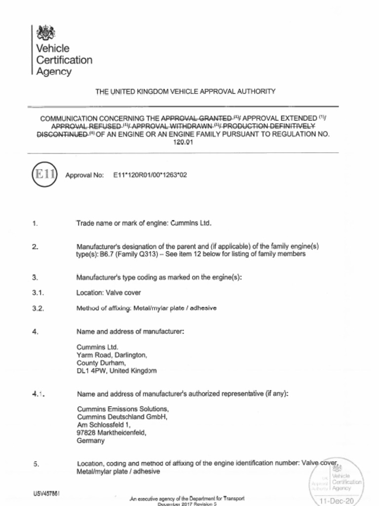 Power Cummins B6.7 Stage V According To ECE R120 | PDF