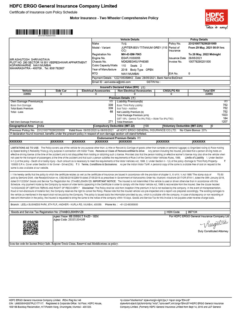 Motor Insurance - Two Wheeler Comprehensive Policy | PDF | Insurance ...
