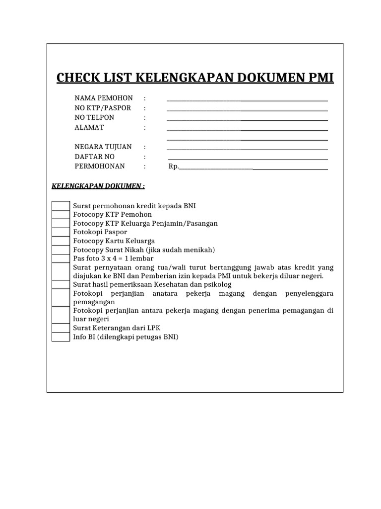 Checklist Dokumen PMI untuk Kredit BNI | PDF