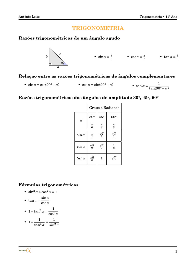 Razões e Funções Trigonométricas 11º Ano | PDF | Trigonometria | Ângulo