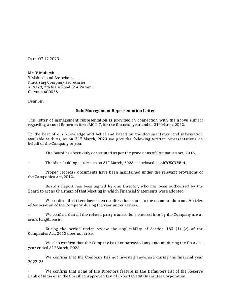 Management Representation Summary | PDF | Government | Common Law