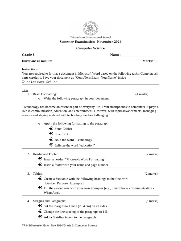 Gr6 - Semester Examination - Lab | PDF | Paragraph | Microsoft Word