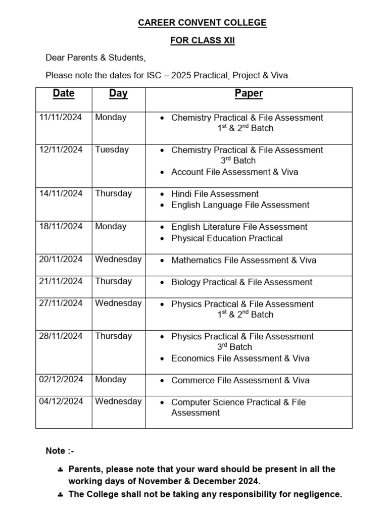 ISC PRACTICAL DATES FOR CLASS XII | PDF