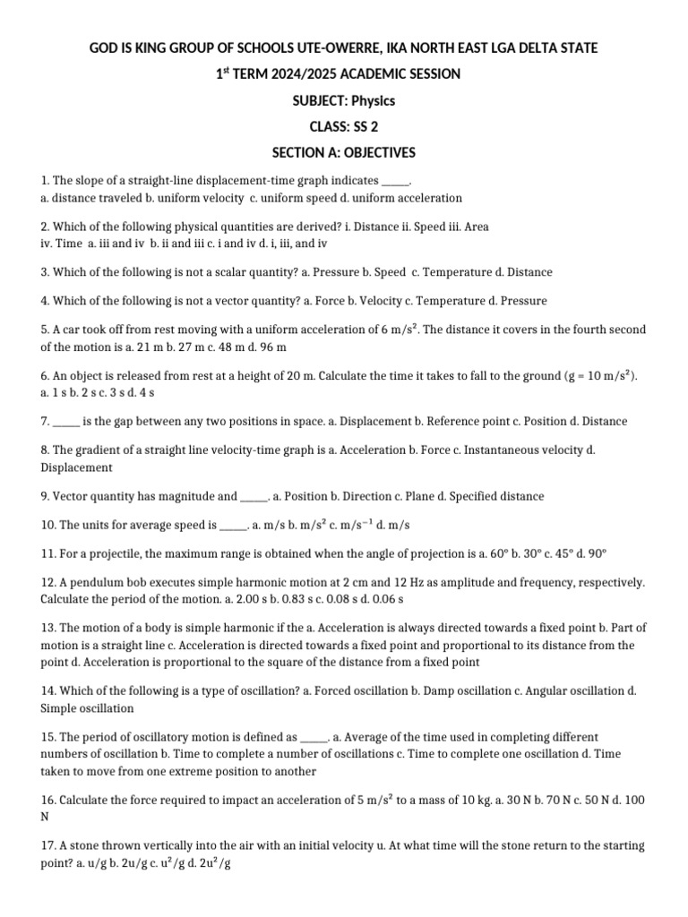 SS 2 Physics | PDF | Oscillation | Velocity