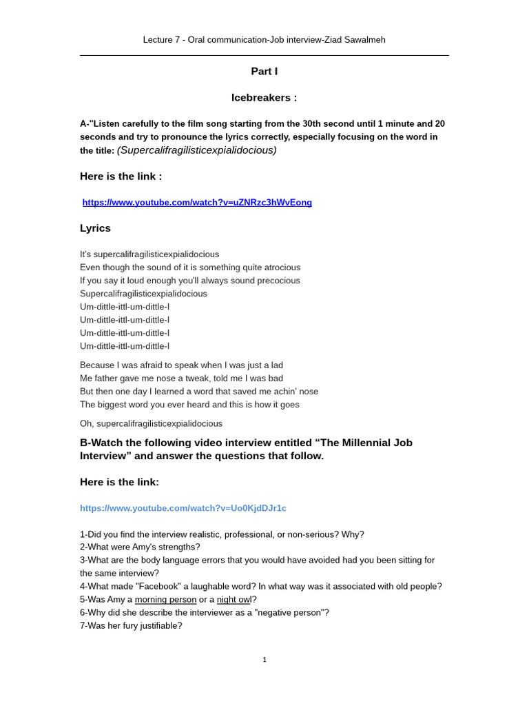 Lecture 7 PLAN Job Interview | PDF | Job Interview | Body Language