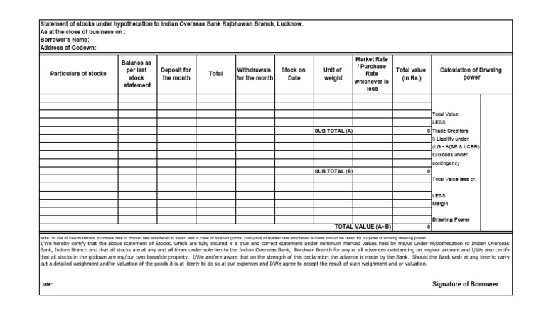 Stock Statement Format Fill | PDF | Stocks | Banks