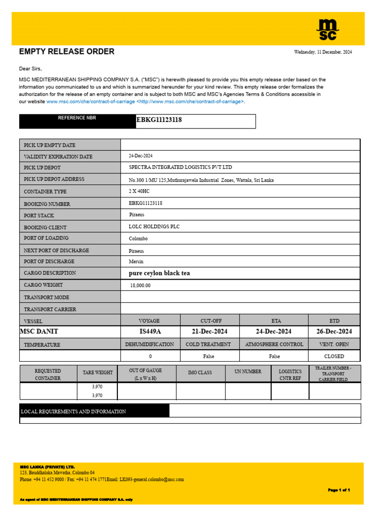 MSC Empty Release Order Details | PDF | Shipping | Freight Transport