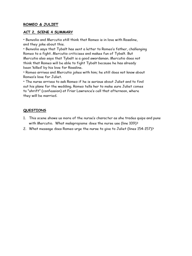 Act 2 Scene 4 Summary: Romeo's Plans | PDF