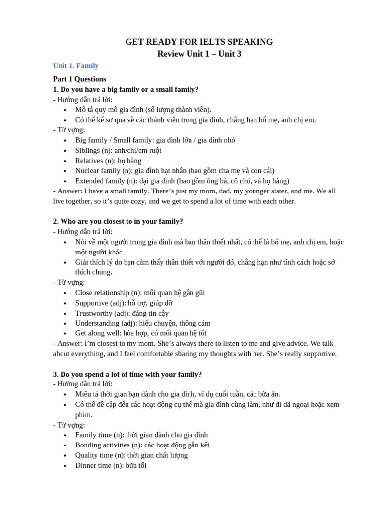 GET READY FOR IELTS Speaking Review Unit 1 - Unit 3 | PDF